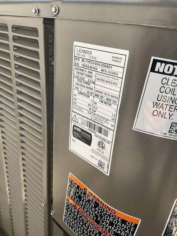 Completed full HVAC system installation including Lennox EL297UH070 high-efficiency furnace, ML17KC2-024 condensing unit rated at 2 tons, CK40CT-30B cased evaporator coil, Model 1610 media air cleaner, and T6 Wi-Fi programmable thermostat. All equipment installed per manufacturer specifications with proper airflow direction verified, electrical connections completed to code, and refrigerant charge confirmed at factory levels. System tested and operational.