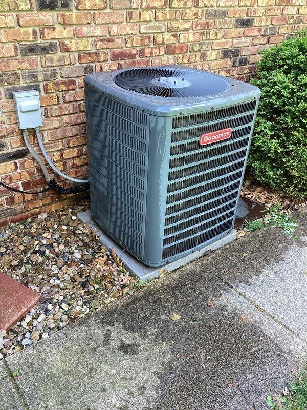 Completed scheduled air conditioning maintenance on Goodman outdoor condensing unit. Performed comprehensive system inspection including electrical components, capacitor testing, and visual assessment of condenser coil and fan operation. Verified proper electrical connections within control cabinet, checked SUPCO capacitor functionality, and confirmed all wiring connections were secure. Inspected outdoor unit exterior condition, cleared debris from base area, and ensured adequate airflow around unit. System operating within normal parameters upon completion of maintenance service.