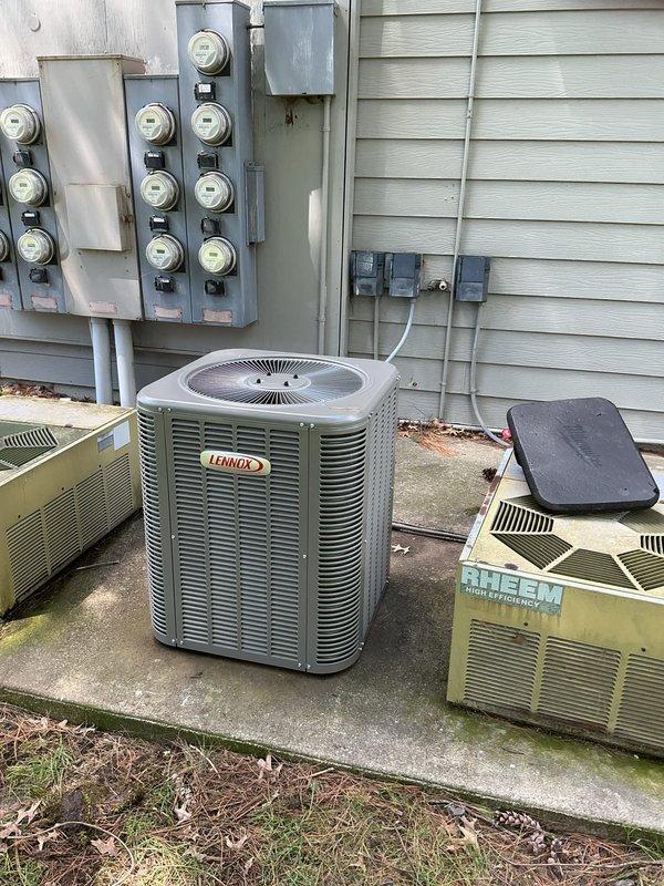 Completed installation of new Lennox ML13KC1-024 2-ton condensing unit and ADP uncased HE31C30A130A evaporator coil on existing concrete pad. Successfully reconnected system to existing thermostat and verified proper operation of all components upon startup.