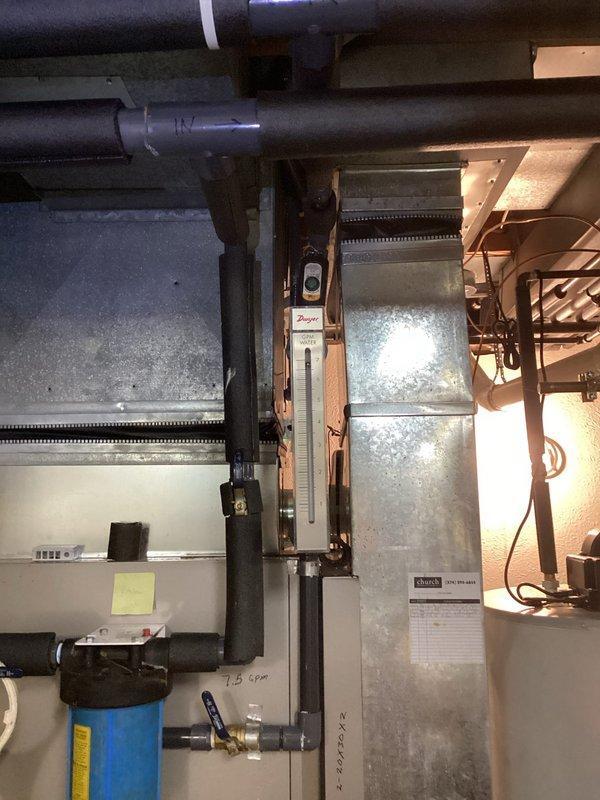 Completed D-1 repair as per approved quote on the CH heating system. Performed a comprehensive geothermal flush to optimize system performance. Flow meter readings were verified at 7.5 GPM and pressure differential was confirmed using Dwyer manometer to ensure proper circulation through the insulated PVC piping network.