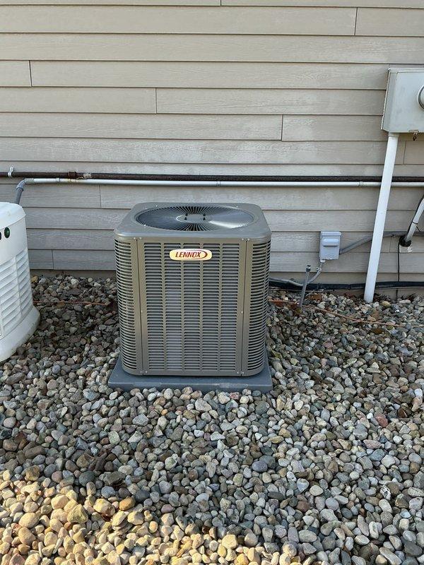 Successfully completed full HVAC system installation including Lennox EL297UH090XV48C furnace, ML17KC2-048 condensing unit, and CK40CT-48C cased coil in basement utility room. Installation included 1620 media filter, T6 Wi-Fi thermostat, and replacement humidifier pad, with all necessary ductwork connections and PVC drainage properly secured and tested.