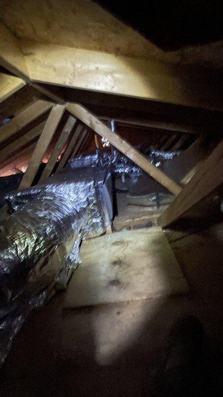 Mishawaka, IN - Completed installation of a complete HVAC system including Lennox ML180UH070E36AK furnace, CK40CT-24A cased coil, and ML13KC1-024 condensing unit with Goliath drain pan and water alarm. Replaced plenum, added short trunk line, replaced line set and thermostat wire, connecting to existing thermostat and ceiling return filter grill. Verified proper system operation in attic installation space.