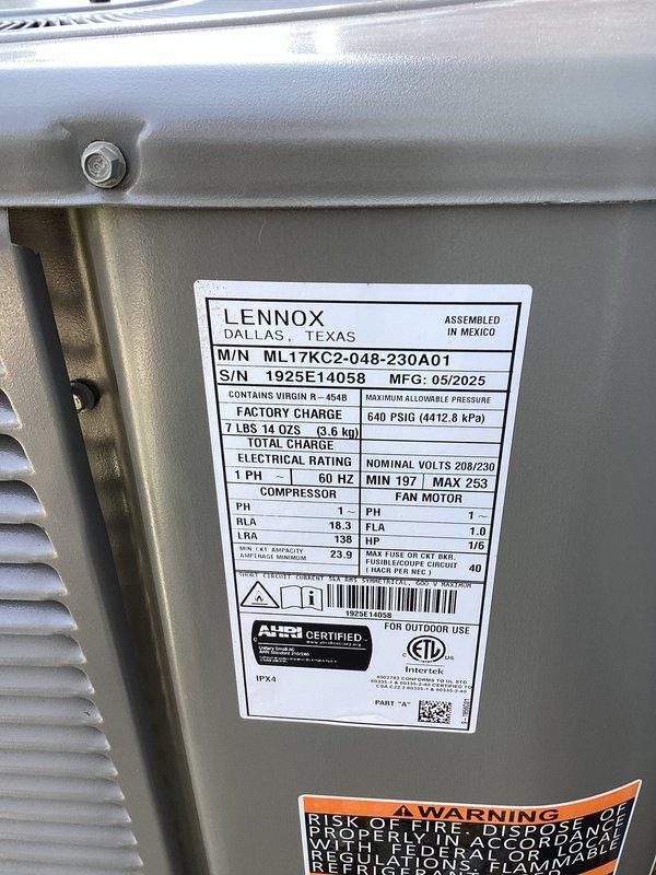 Edwardsburg, MI - Completed planned maintenance on Lennox mini-split air conditioning system, model ML17KC2-048-230A01. Performed comprehensive system inspection, replaced air filter, and documented unit specifications and operational status with photography for service records.