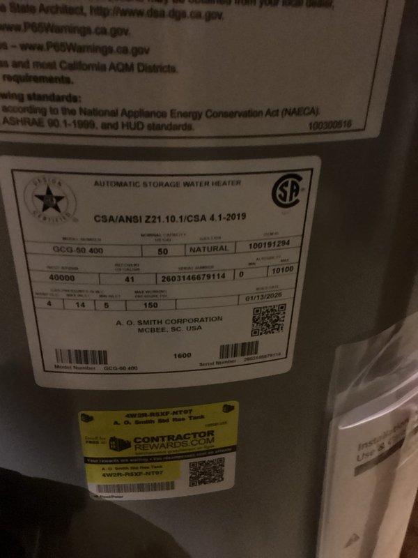 Goshen, IN - Provided remote estimate for installation of 50-gallon natural gas water heater. Reviewed existing A.O. Smith 60-gallon automatic storage water heater specifications via submitted photos, confirming model GCG 60 400 with CSA certification. Quoted replacement with appropriately sized unit based on current system configuration and venting requirements.