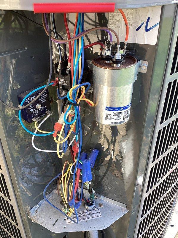 Completed planned air conditioning maintenance on residential outdoor condensing unit. Performed system diagnostics using manifold gauges to verify refrigerant pressures and operating parameters. Inspected electrical components including capacitor, control module, and wiring connections within unit access panel, confirming all terminals secure and components functioning properly. Customer advised that membership renewal is due and filter replacement is needed but not included in this service visit.