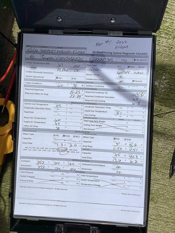 Completed planned duo maintenance on two residential air conditioning systems. Performed comprehensive diagnostic evaluation on System #1 (2022 unit, R410A refrigerant) including thermostat verification, carbon monoxide detector inspection, operational checks, and temperature differential measurements across evaporator coil. Recorded indoor conditions, superheat, and subcool readings to verify proper refrigerant charge and system performance. Inspected both outdoor condenser units positioned on concrete pad with proper clearances maintained. Both systems operational with no deficiencies noted at time of service completion.