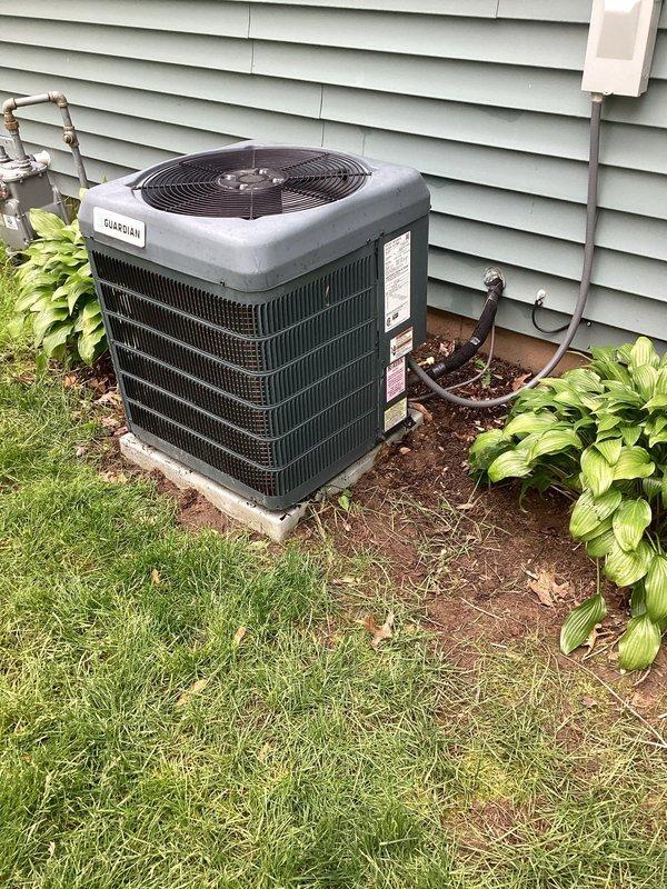 Goshen, IN - Completed scheduled air conditioning maintenance on residential Guardian brand condenser unit. Performed comprehensive system inspection including refrigerant line assessment, electrical connections verification, and visual equipment evaluation to ensure optimal cooling system performance and reliability for the upcoming season.