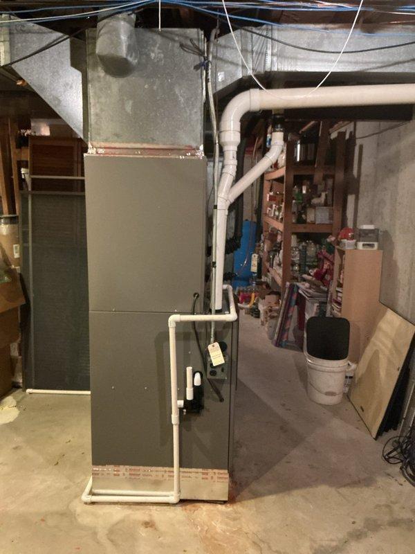 Successfully completed full system replacement with installation of a Lennox EL297UH090XV48CK furnace, ML17KC2 condensing unit, and CK40CT-49C cased coil. Installed T6 pro thermostat and 1620 media filter, with all components properly connected to existing ductwork and drainage system. System was tested and verified for proper operation.
