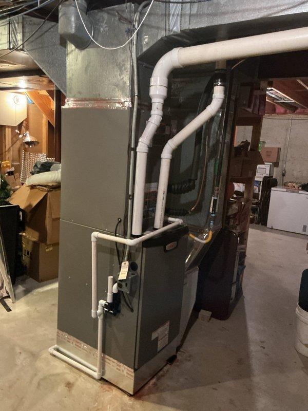 Successfully completed full system replacement with installation of a Lennox EL297UH090XV48CK furnace, ML17KC2 condensing unit, and CK40CT-49C cased coil. Installed T6 pro thermostat and 1620 media filter, with all components properly connected to existing ductwork and drainage system. System was tested and verified for proper operation.