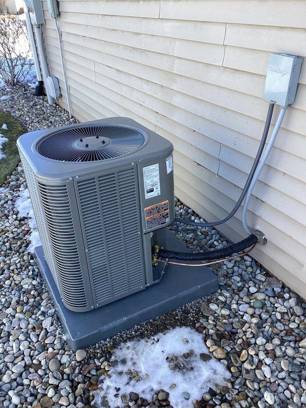 Successfully completed installation of a complete HVAC system including a Lennox ML196UH045XE36BK furnace, ML13KC1-024 condensing unit, CK40ct-30B cased coil, and T4 thermostat. Properly installed outdoor condensing unit on concrete pad with appropriate electrical connections and configured PVC condensate drain line with P-trap. Connected system to existing return air filter and verified proper operation of all components.