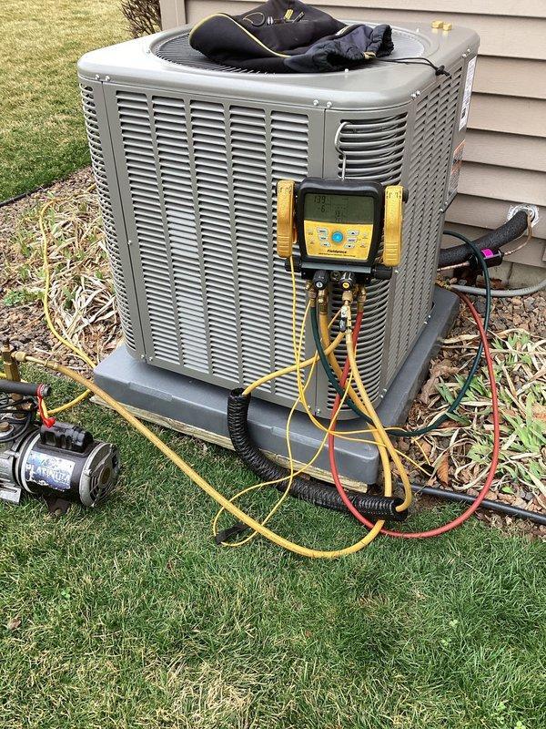 Successfully installed new Lennox ML13KC1-030 condenser unit and CK40CT-30B cased coil at residential property, properly connecting refrigerant lines and electrical components to existing system. Performed pressure testing with diagnostic equipment to verify system integrity and proper operation before completion.