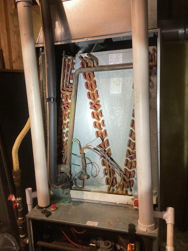 Responded to no heat call for Rheem system. Upon inspection, discovered corroded electrical connections at the furnace control board. Cleaned terminals, replaced damaged wiring, and restored proper electrical continuity. System now functioning correctly with heat output verified; home temperature returning to normal setpoint.