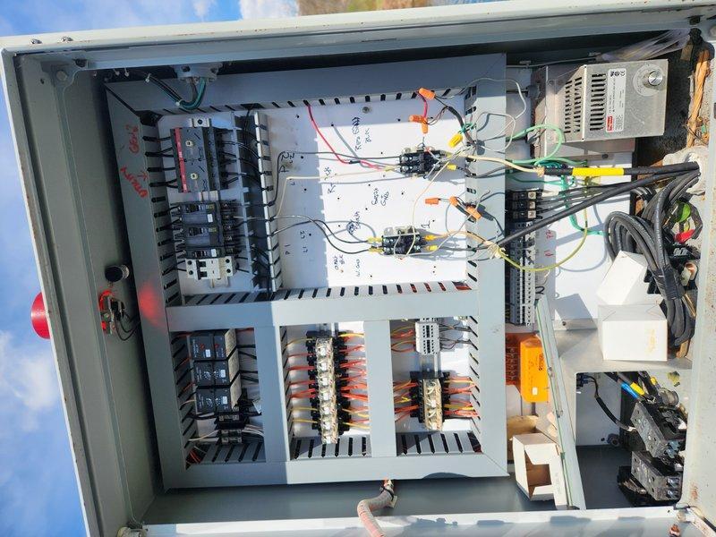 Performed routine maintenance inspection on a 5-year-old lift station control panel. System was operating normally with no water leakage present. Inspected electrical control cabinet components including circuit breakers, contactors, terminal blocks, and field wiring connections. Reviewed wiring diagrams and verified proper operation of all electrical circuits and control systems. All components found in good working condition following recent cleaning.